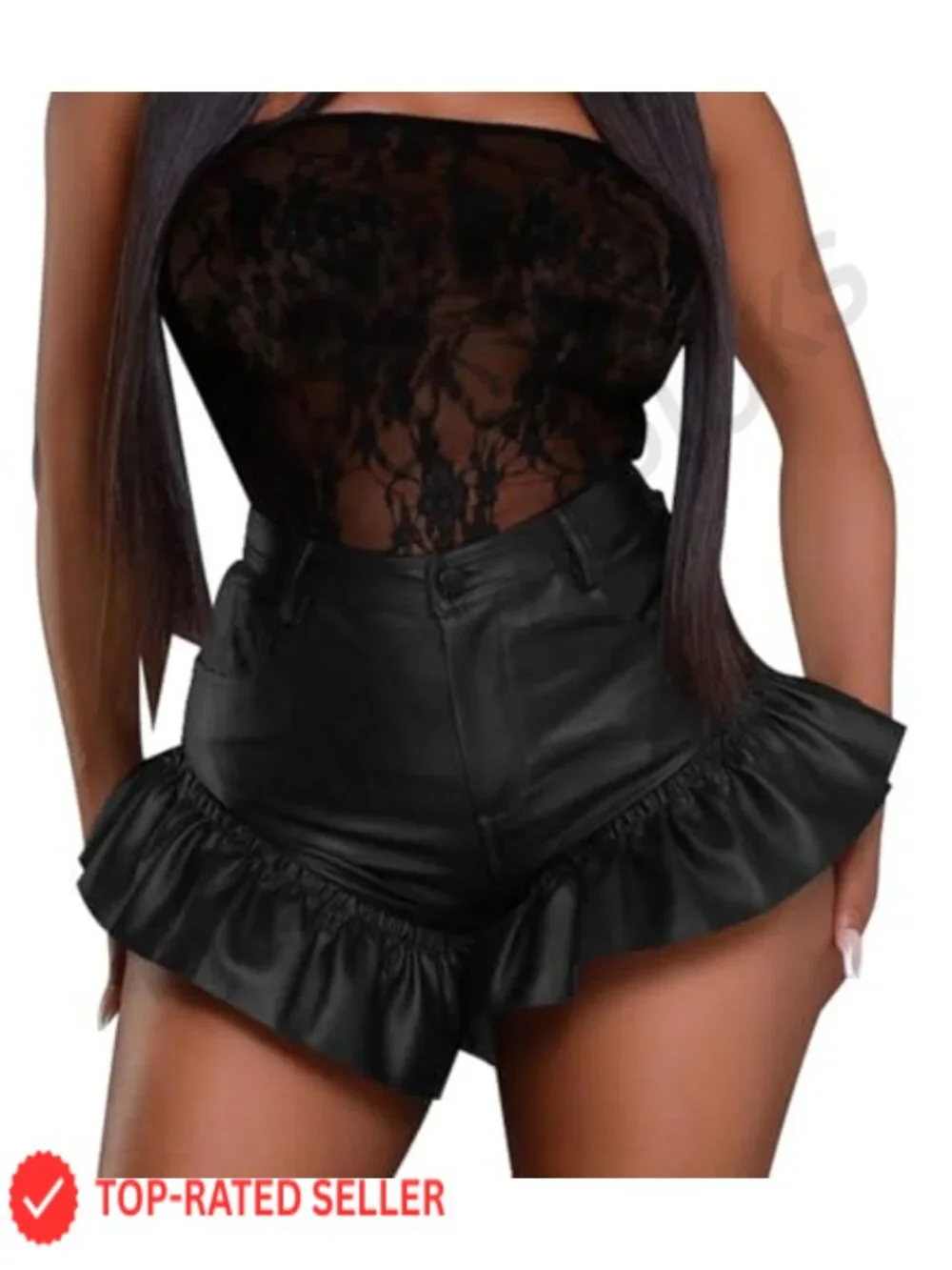 Faux Leather High Waist Ruffle Shorts Women Sexy Night Out Party Clubwear Tight